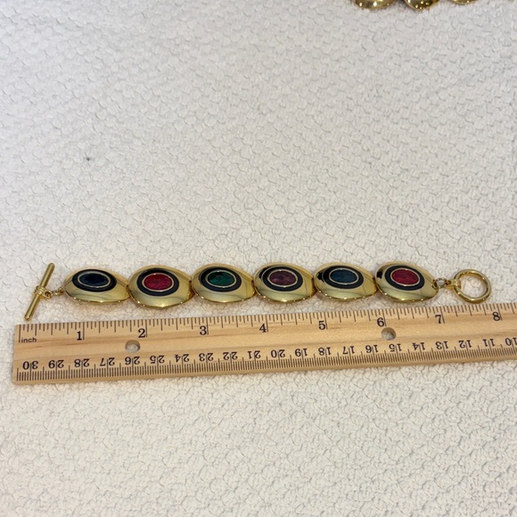 Vintage Brass Gold Enamel Multicolor Gemstone Necklace Bracelet Earrings Set - Picture 6 of 6